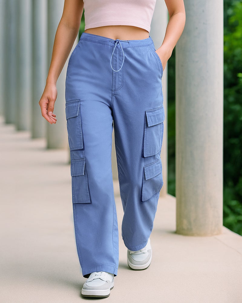 bewakoof Women's Blue Baggy Oversized Cargo Parachute Pants - Image 1